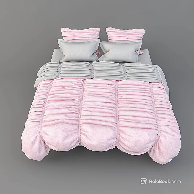 Kids Bed With Soft Pink Ruched Quilt And Gray Decorative Pillows 3d model 
