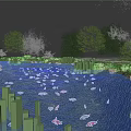 Red and gray fish swimming in pond with reeds trees and rippling water