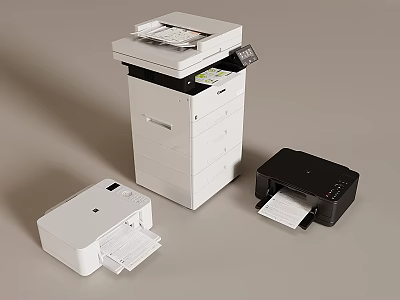 Office Appliances Featuring Multifunctional White And Black Printers With Paper Output 3d model