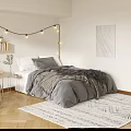 Cozy Modern Bedroom Interior With Gray Bedding String Lights Area Rug And Desk Chair