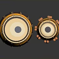 Household Items Two Drums With Yellow Brown Stripes White Top Blue Dot And Orange Balls