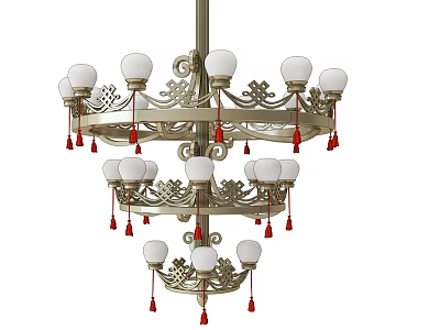 Elegant Three Tiered Chandelier With White Spherical Bulbs Red Tassels And Metallic Frame 3d model