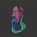 Fantasy Female Character With Colorful Long Hair And Flowing Tail In Elegant Pose On Gray Background