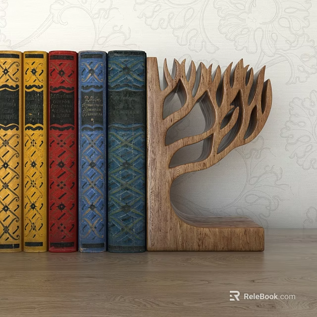 Wooden Tree Shaped Bookend Holding Colorful Decorative Books In Home Interior 3d model 
