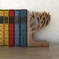 Wooden Tree Shaped Bookend Holding Colorful Decorative Books In Home Interior