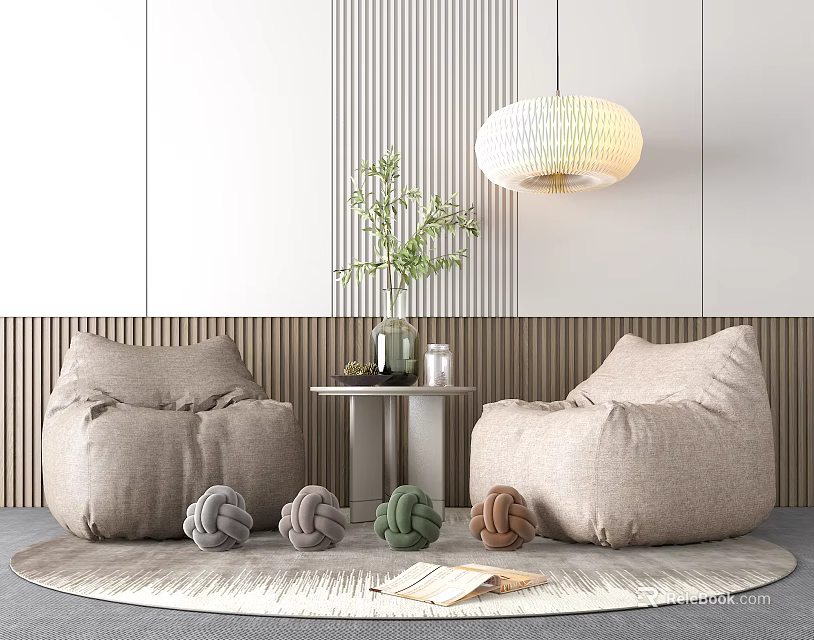 Cozy Light Brown Casual Sofa Set With Bean Bags Side Table Plant And Decorative Knots 3d model 