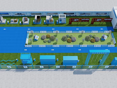 School Playground With Blue Track Green Lawn And Surrounding Buildings 3d model