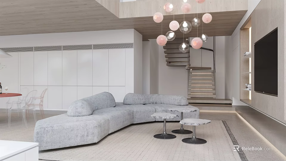 Modern Living Dining Room Interior With Gray Curved Sofa Wooden Ceiling Pink Silver Pendant Lights 3d model 