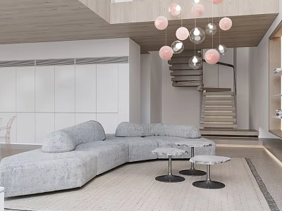 Modern Living Dining Room Interior With Gray Curved Sofa Wooden Ceiling Pink Silver Pendant Lights 3d model