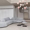 Modern Living Dining Room Interior With Gray Curved Sofa Wooden Ceiling Pink Silver Pendant Lights