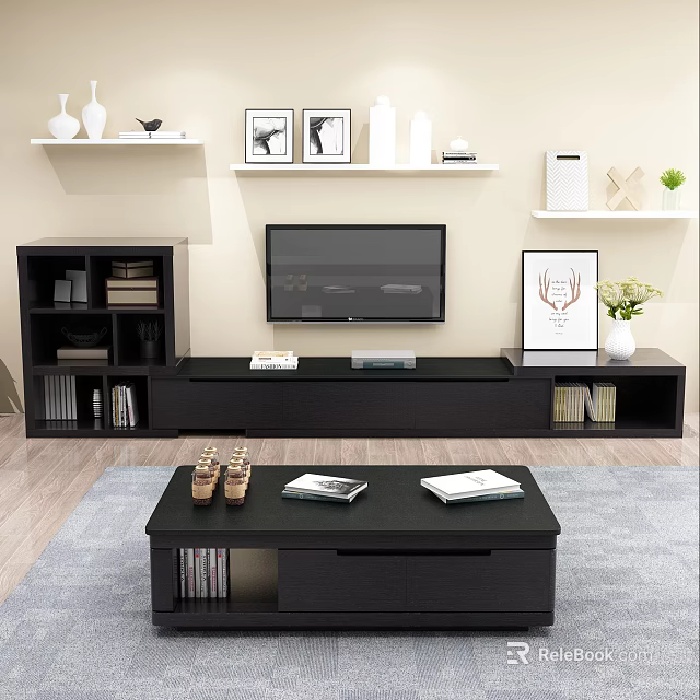 Black TV Stand With Bookshelf Wall Shelves And Decorative Photo Frames 3d model 