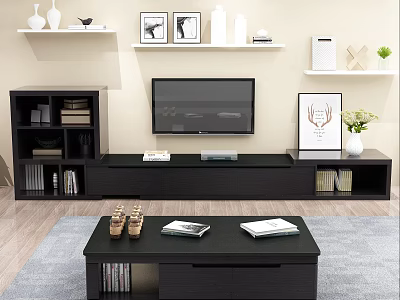 Black TV Stand With Bookshelf Wall Shelves And Decorative Photo Frames 3d model