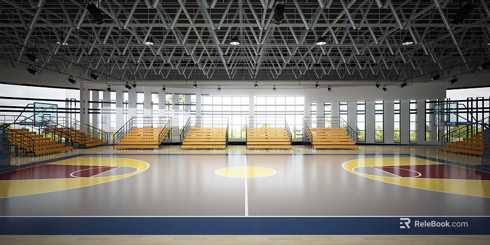 Bright Modern Basketball Gym Interior With Yellow Bleachers Ceiling Trusses And Shiny Court Floor 3d model 