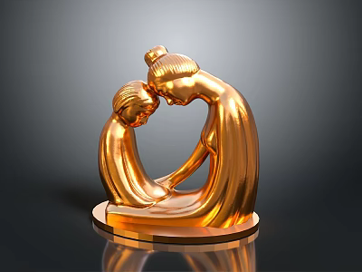 Golden Mother And Child Embracing Sculpture With Smooth Base Design 3d model