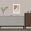 Modern Minimalist Entryway Cabinet And Side Cabinet With Vase Decorations Painting Beige Wall Wooden Floor