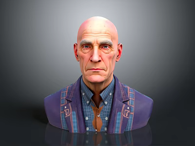 Bald Elderly Man Bust Sculpture Wearing Purple Blue Striped Jacket And Plaid Shirt 3d model