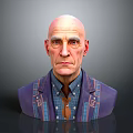 Bald Elderly Man Bust Sculpture Wearing Purple Blue Striped Jacket And Plaid Shirt