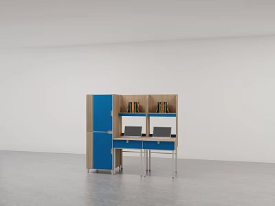 Modern Desk And Chair Set With Wooden Shelves Blue Cabinets And Laptops 3d model