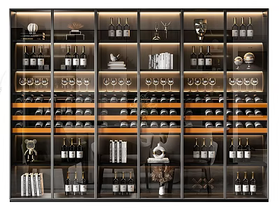 Modern Multi Layered Wine Cabinet With Wine Bottles Glasses And Decorative Books 3d model
