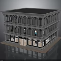 Classical Multi Story Building With Gray Exterior Balconies Ground Floor Storefronts And Black Roof