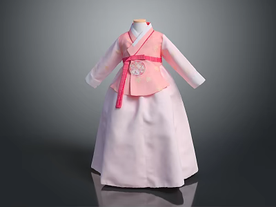 Traditional Pink Hanbok Dress With Long Sleeves And Decorative Sash 3d model