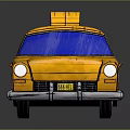Vintage Yellow Taxi with Taxi Sign Black and White Checkered Stripes Blue Windows