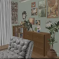 Cozy Light Gray Leisure Chair In Room With Wooden Furniture Green Plants And Guitar