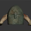 Intricate Metallic Helmet Carving Sculpture With Curved Designs And Horn Like Structures