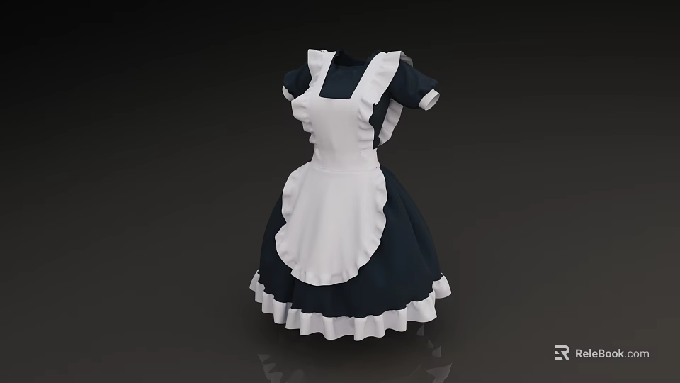 Navy Blue Maid Dress With White Apron Short Sleeves And Ruffled Hem Design 3d model 