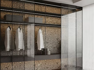 Modern Glass Door Wardrobe With Hanging Clothes And Textured Wall Design 3d model