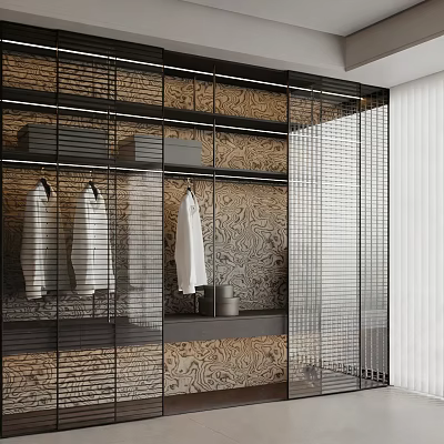 Modern Glass Door Wardrobe With Hanging Clothes And Textured Wall Design 3d model