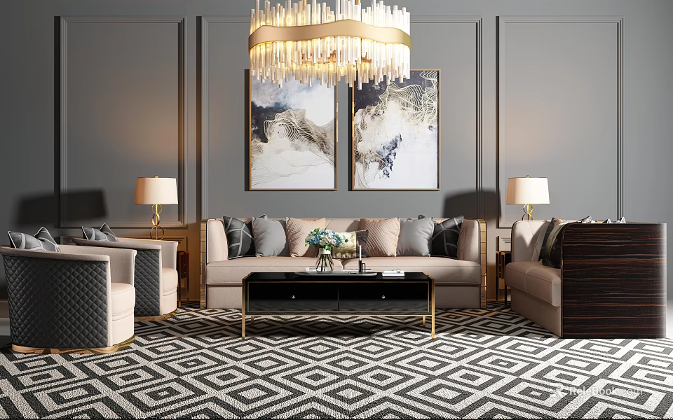 Modern Sofa And Coffee Table Set With Chandelier Wall Art Table Lamps And Patterned Rug 3d model 