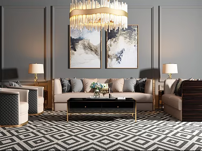 Modern Sofa And Coffee Table Set With Chandelier Wall Art Table Lamps And Patterned Rug 3d model
