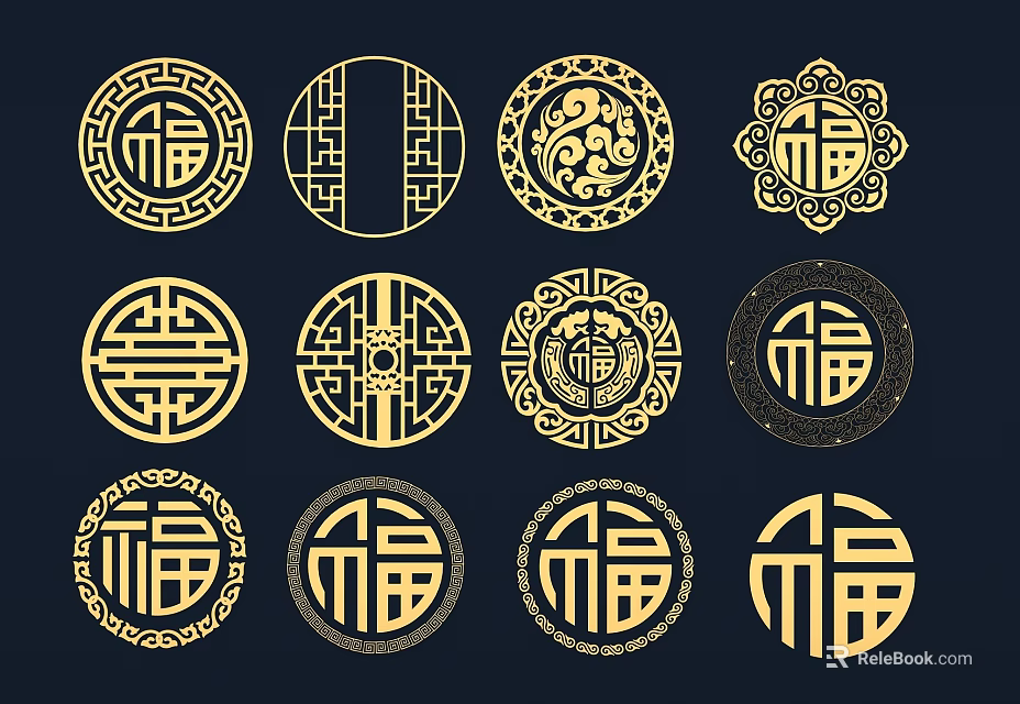 Traditional Chinese Golden Circular Wall Decor With Intricate Patterns And Fu Characters 3d model 