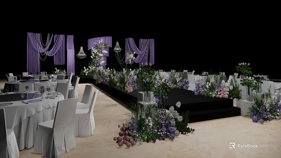Elegant Banquet Hall With Purple Decor White Chairs Stage And Fresh Flowers 3d model 