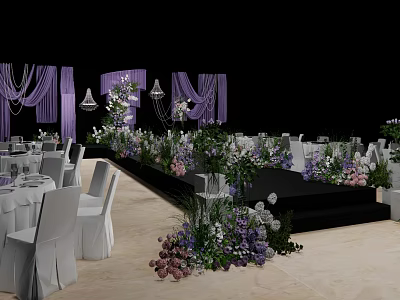 Elegant Banquet Hall With Purple Decor White Chairs Stage And Fresh Flowers 3d model