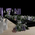 Elegant Banquet Hall With Purple Decor White Chairs Stage And Fresh Flowers