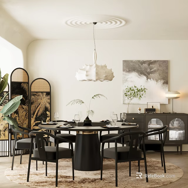 Elegant Restaurant Interior With Round Dining Table Black Chairs Pendant Light And Decorative Artwork 3d model