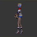 Colorful Haired Female Character With Blue Red Pigtails Holding Baseball Bat And Stylish Outfit