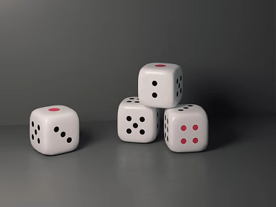 Board Game Entertainment Featuring White Dice With Black And Red Dots Stacked On Gray Surface 3d model