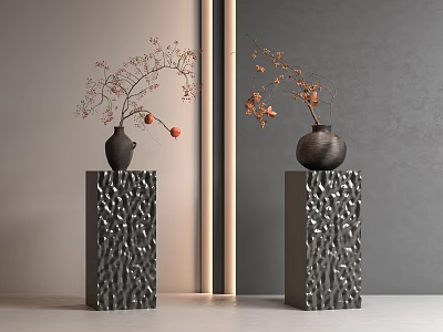 Black Vases with Orange Fruit Branches on Textured Black Pedestals Against Gray Beige Modern Walls 3d model