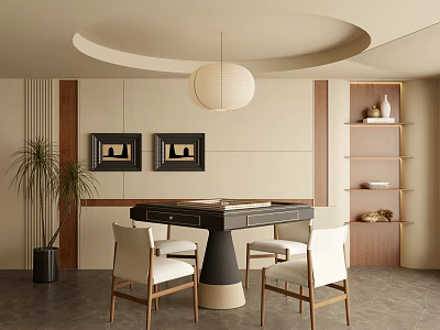 Modern Leisure Area With Mahjong Table Chairs Pendant Light And Shelves 3d model