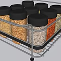 Kitchen Food Storage Jars With Black Lids Containing Grains Spices On Metal Rack