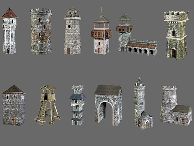 Medieval Architectural Models In Various Styles Featuring Stone Towers And Castles 3d model