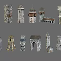 Medieval Architectural Models In Various Styles Featuring Stone Towers And Castles