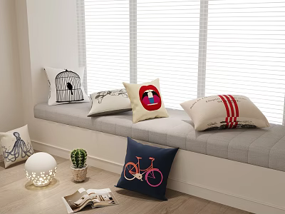 Decorative Throw Pillows On Window Bench And Floor With Birdcage Smiley Face Stripes Bicycle Patterns 3d model