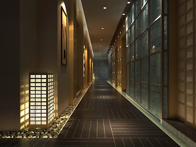 Modern Elevator Corridor With Glass Wall Panels Dark Floor Tiles And Ambient Lighting 3d model