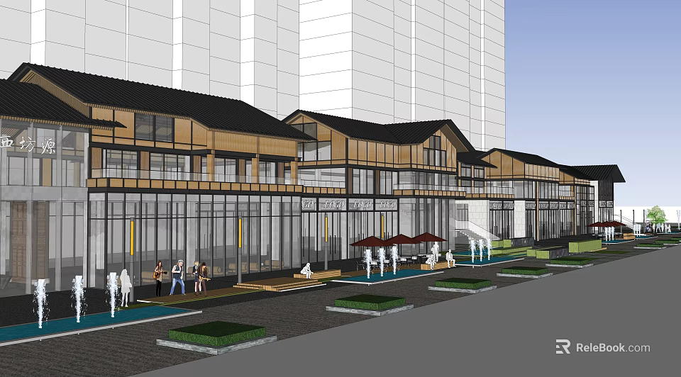 Modern Commercial Street Design With Glass Facades Wooden Elements And Pedestrian Areas 3d model 