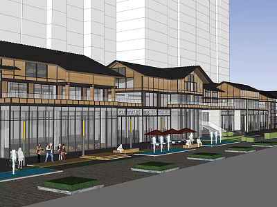Modern Commercial Street Design With Glass Facades Wooden Elements And Pedestrian Areas 3d model