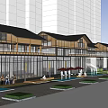Modern Commercial Street Design With Glass Facades Wooden Elements And Pedestrian Areas